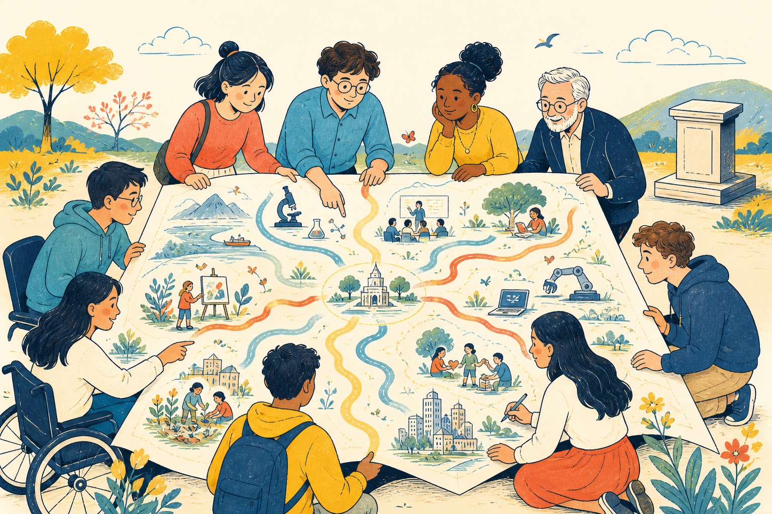 学生与教师共同展开多维教育地图，探索科研、教学、技术、创造和公共服务等不同道路